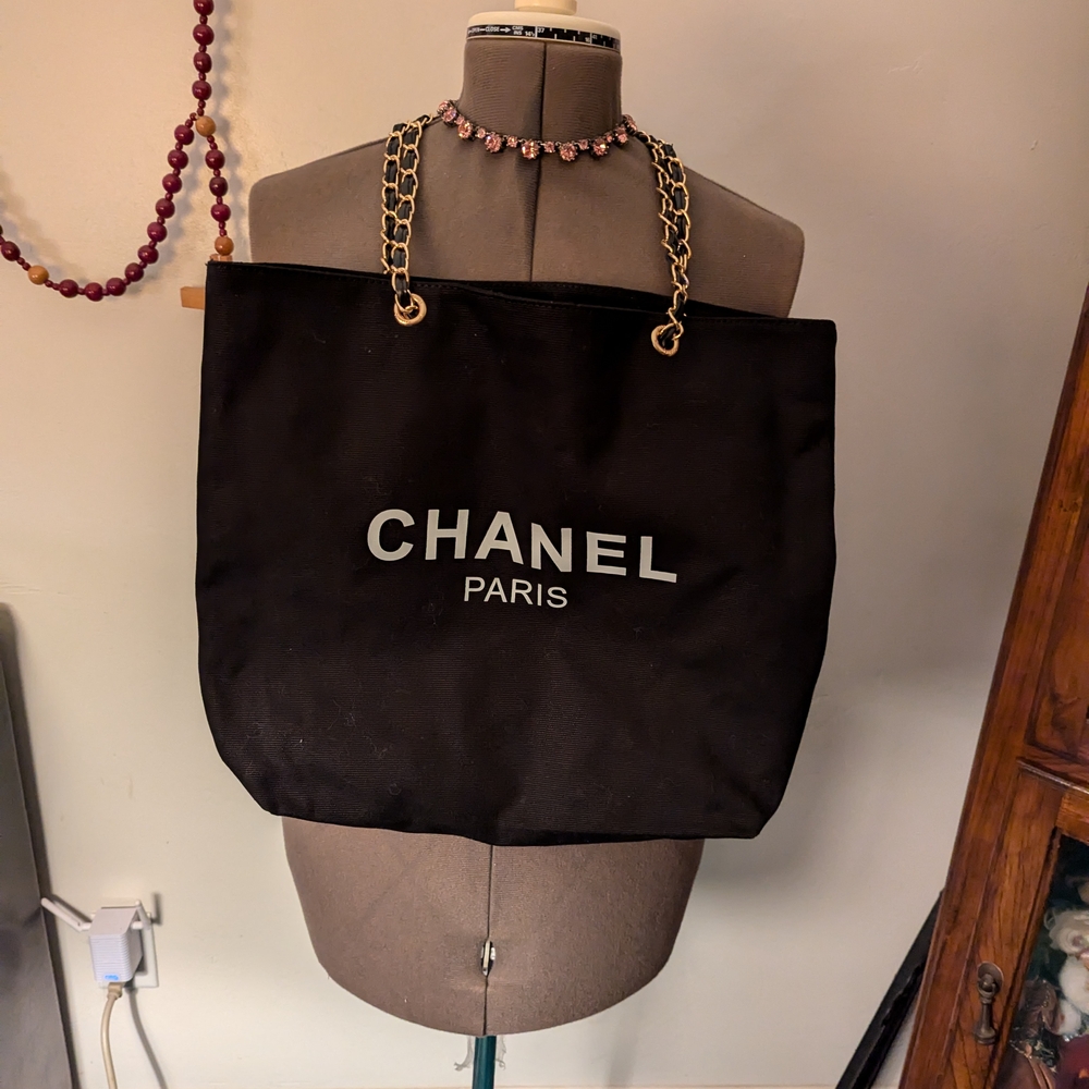 CHANEL Black and Gold Tote Bag with Chain Handles